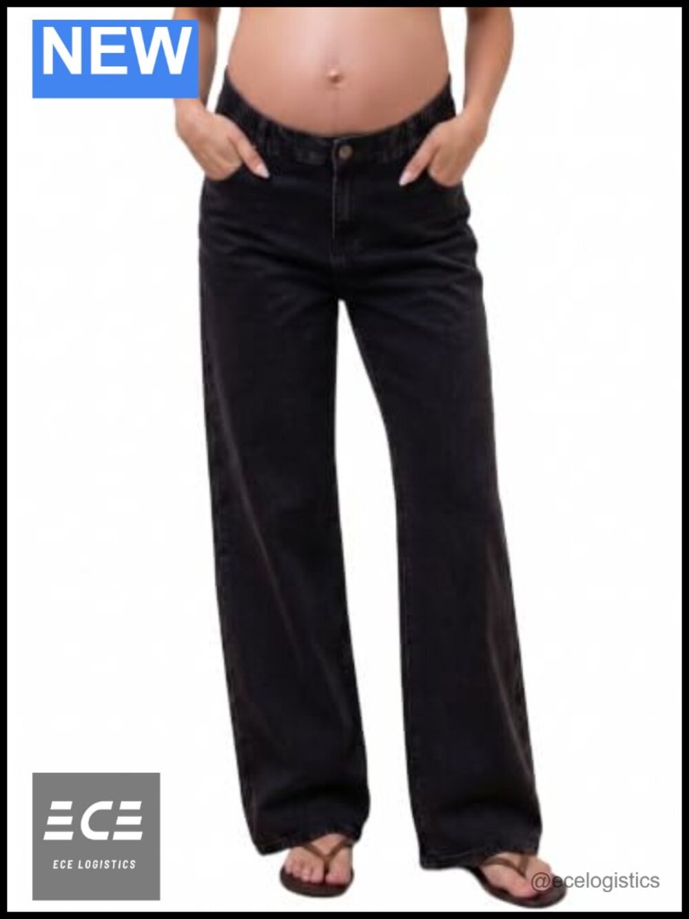 Wide Leg Maternity Jeans with Pockets Elastic Waist Straight Leg Denim